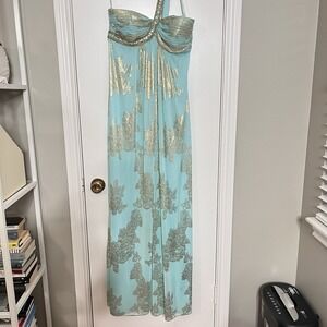 BA Nites Blue Gold One Shoulder Empire Waist Maxi Dress Size Y2K Greek Goddess